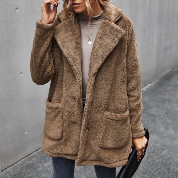 camel tan comfy button pocket teddy jacket coat - Picture 7 of 8